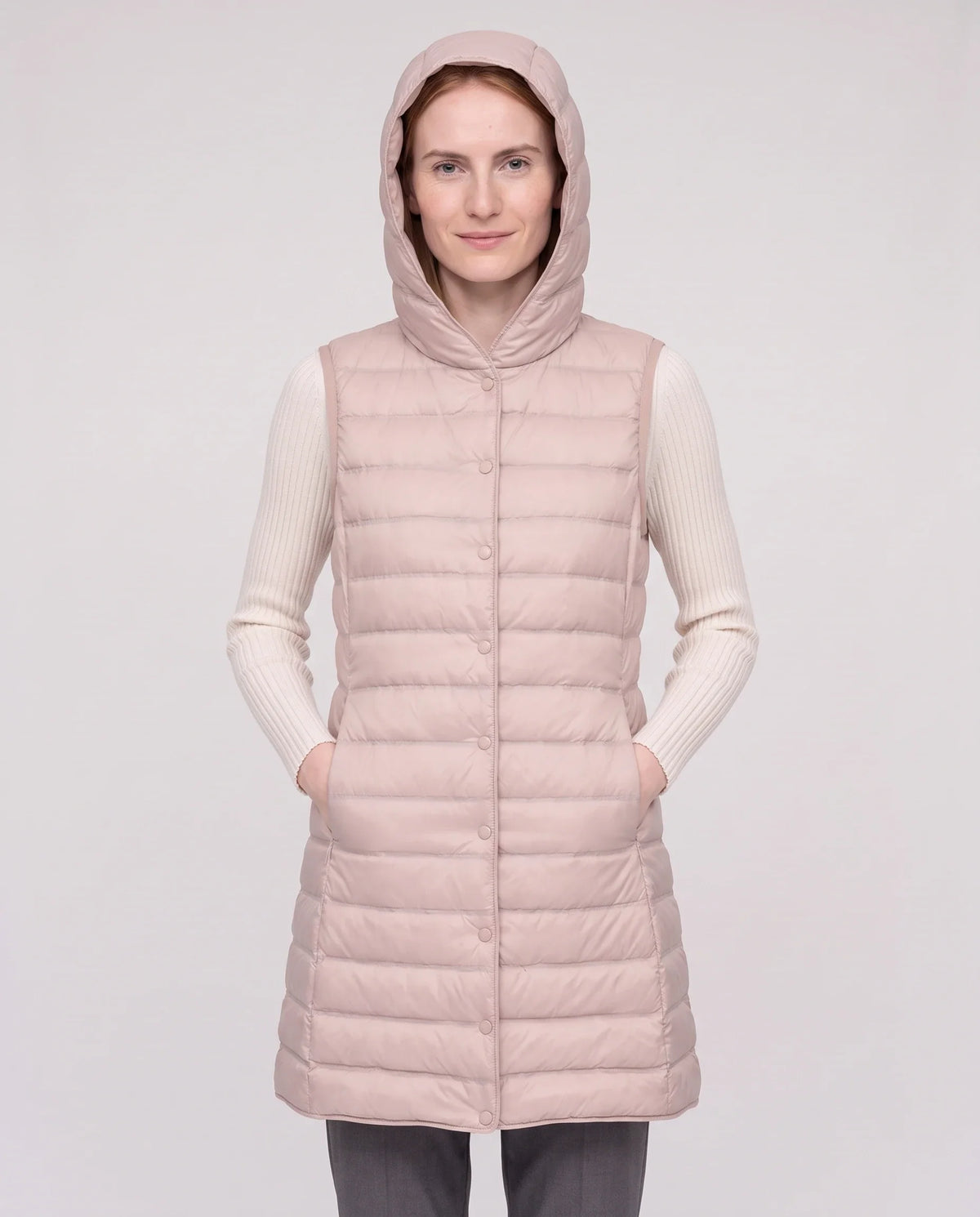 Gilet long sans manches matelassé à capuche