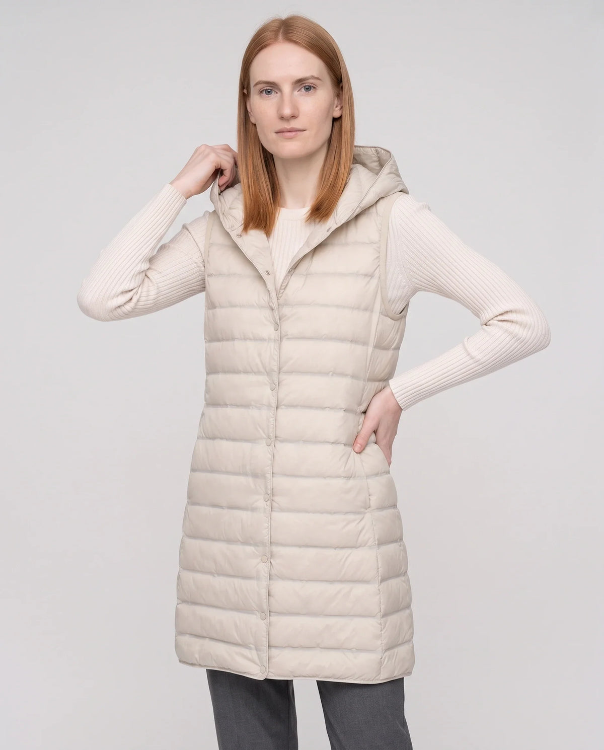 Gilet long sans manches matelassé à capuche