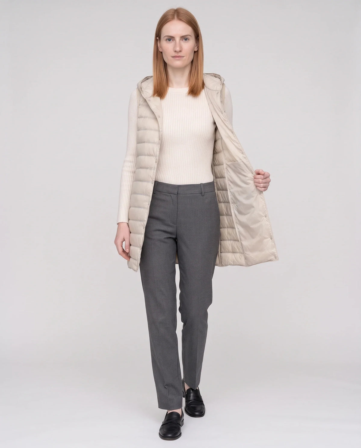 Gilet long sans manches matelassé à capuche