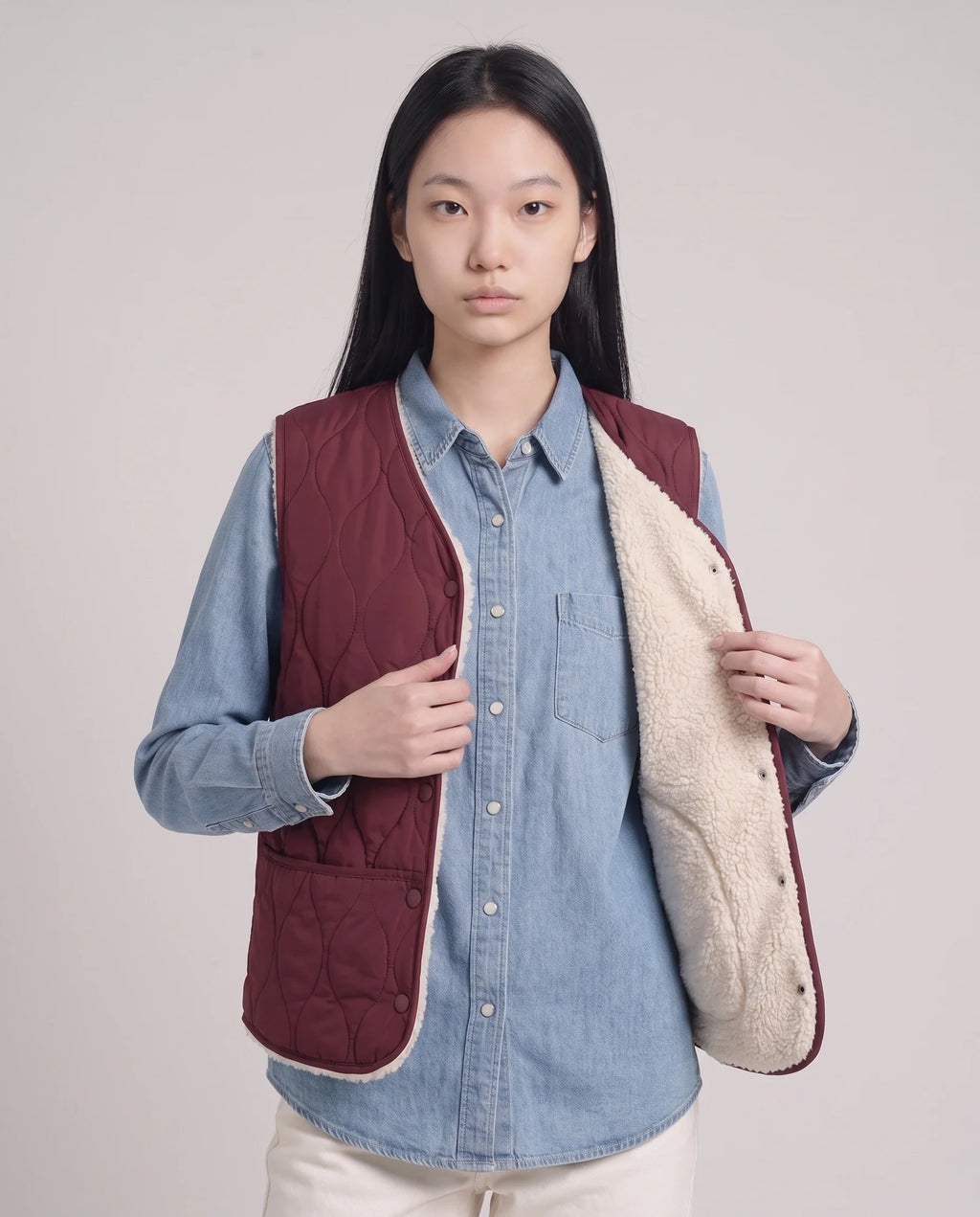 Gilet matelassé doublé sherpa à col V