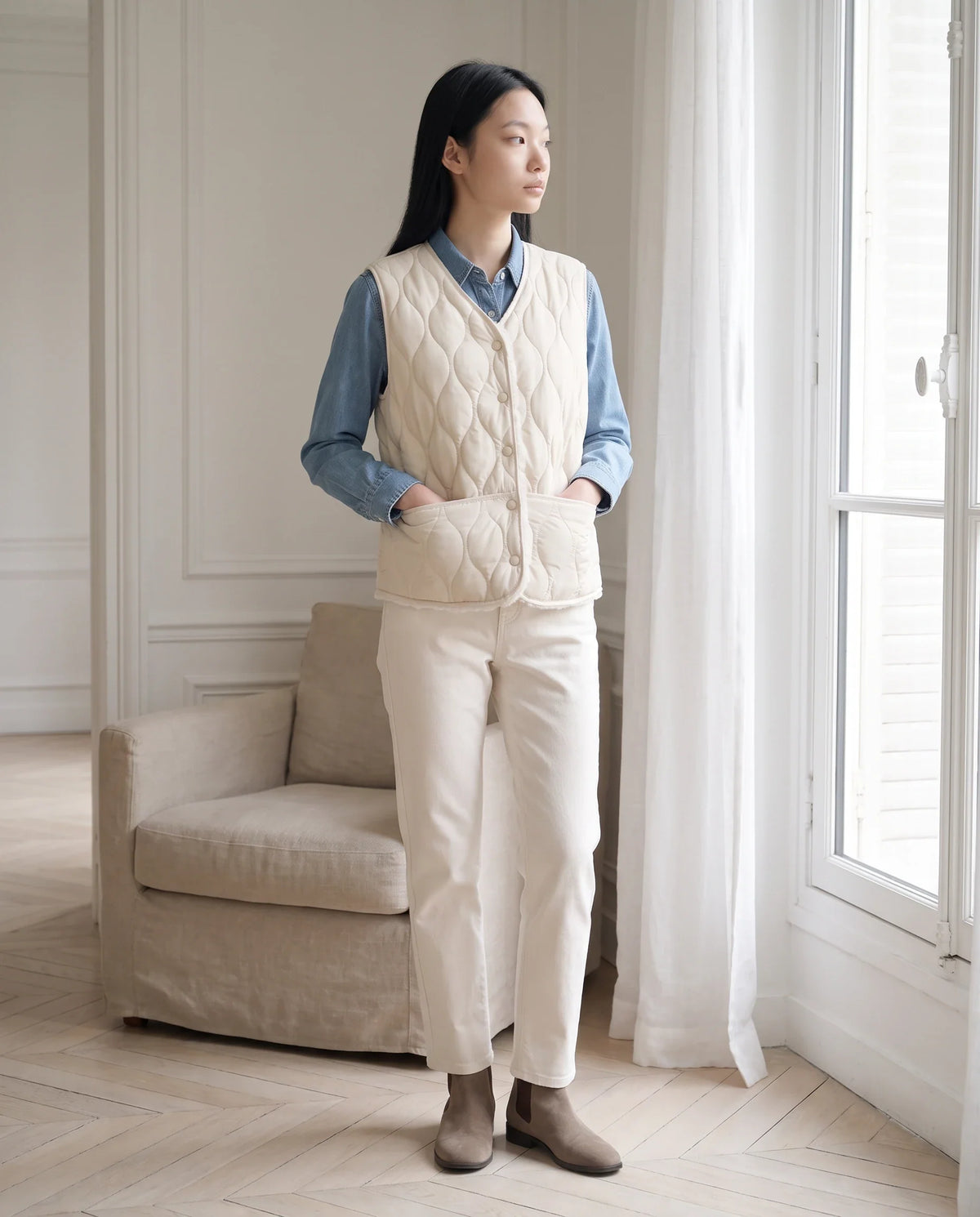 Gilet matelassé doublé sherpa à col V