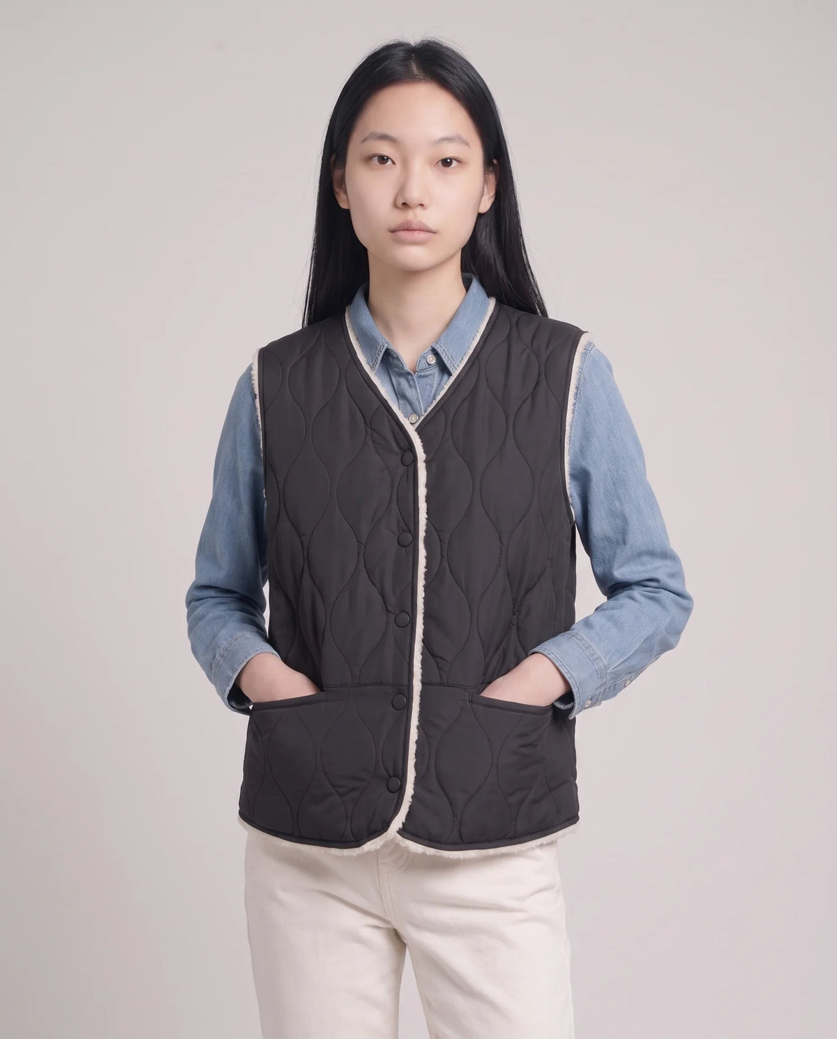 Gilet matelassé doublé sherpa à col V