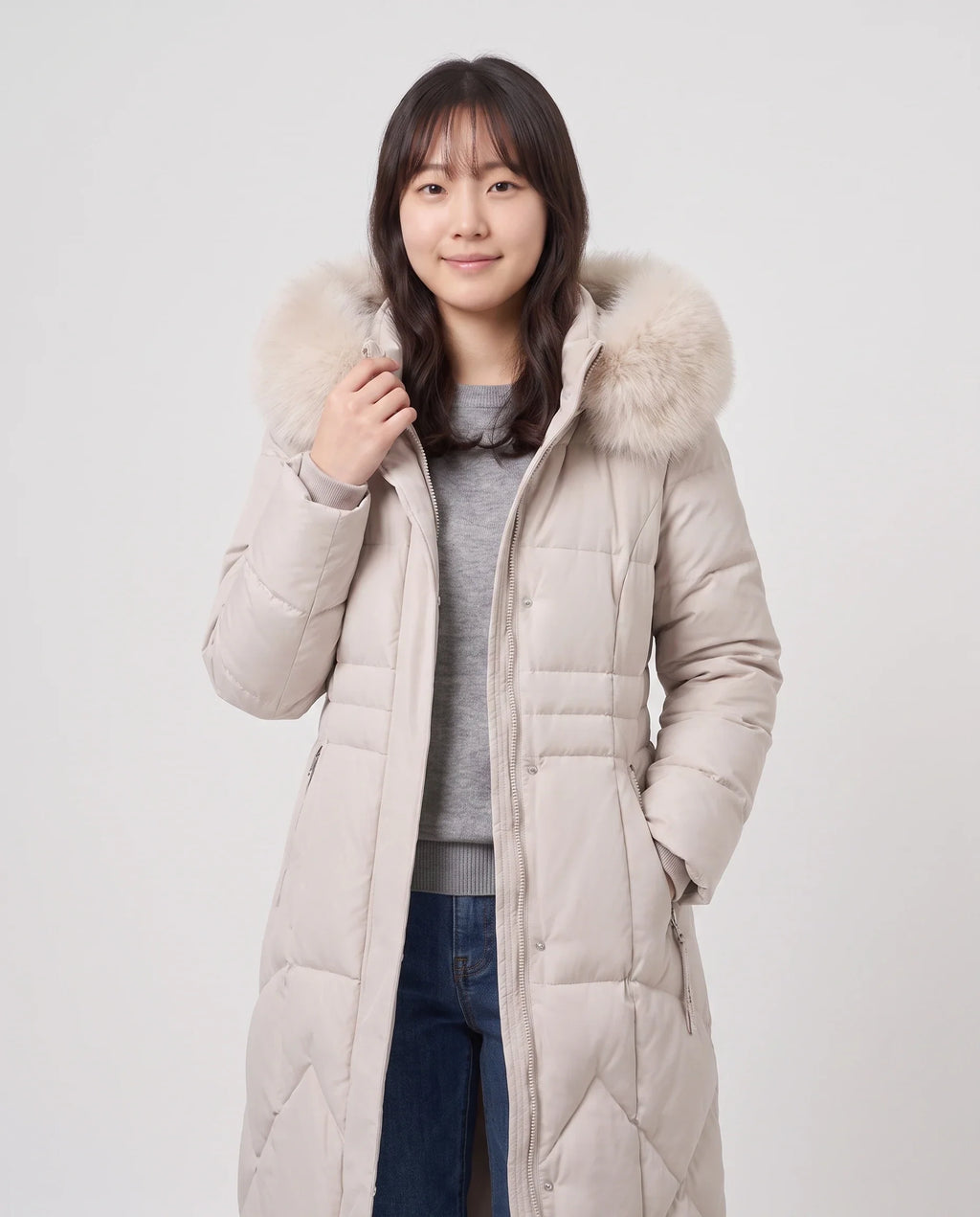 Parka longue cintrée à capuche fourrure