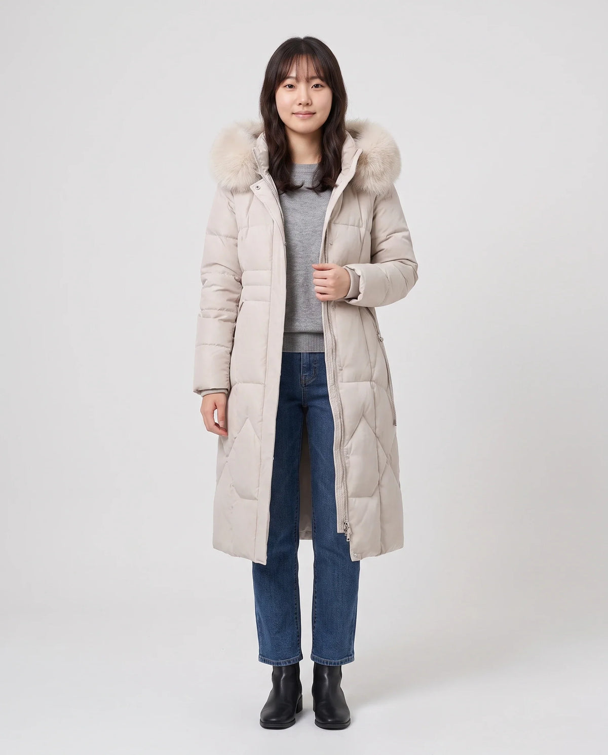 Parka longue cintrée à capuche fourrure