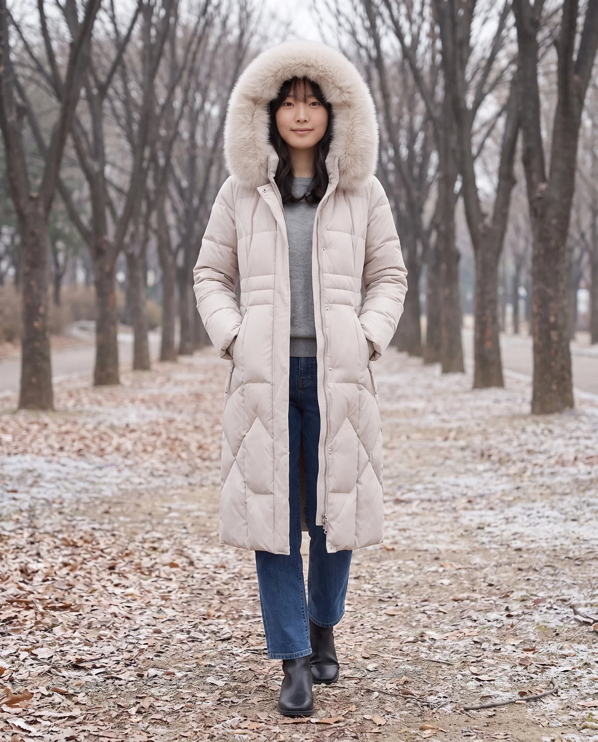 Parka longue cintrée à capuche fourrure