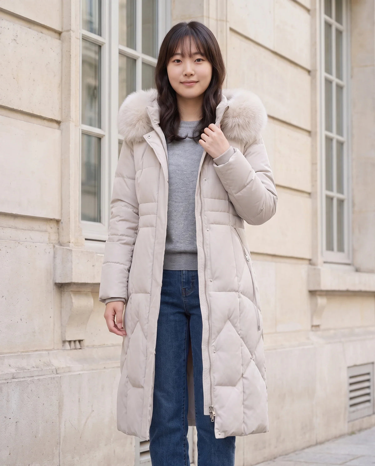 Parka longue cintrée à capuche fourrure