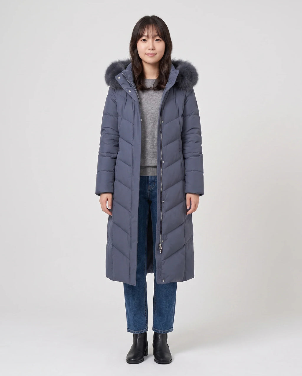 Parka longue cintrée à capuche fourrure