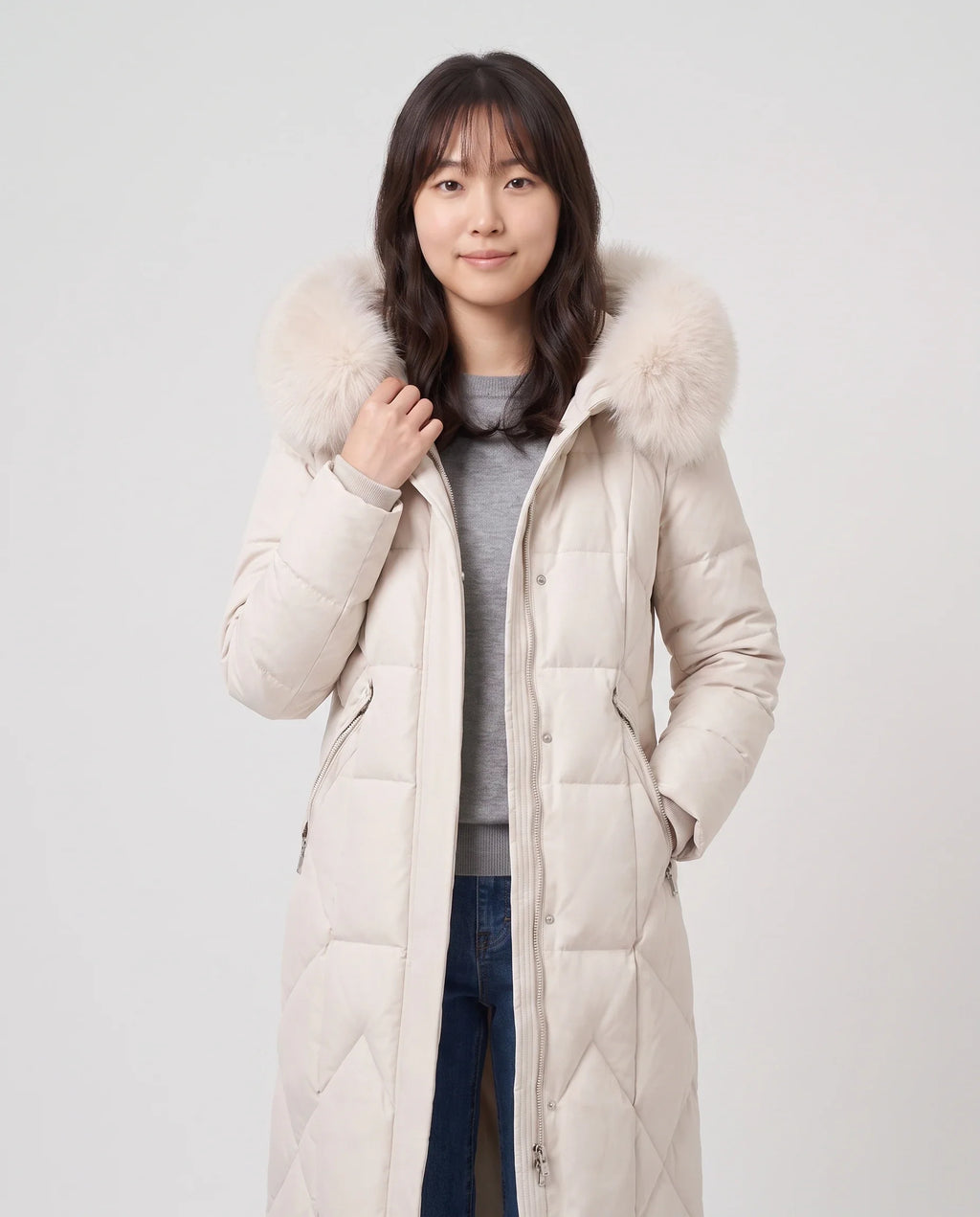 Parka longue cintrée à capuche fourrure