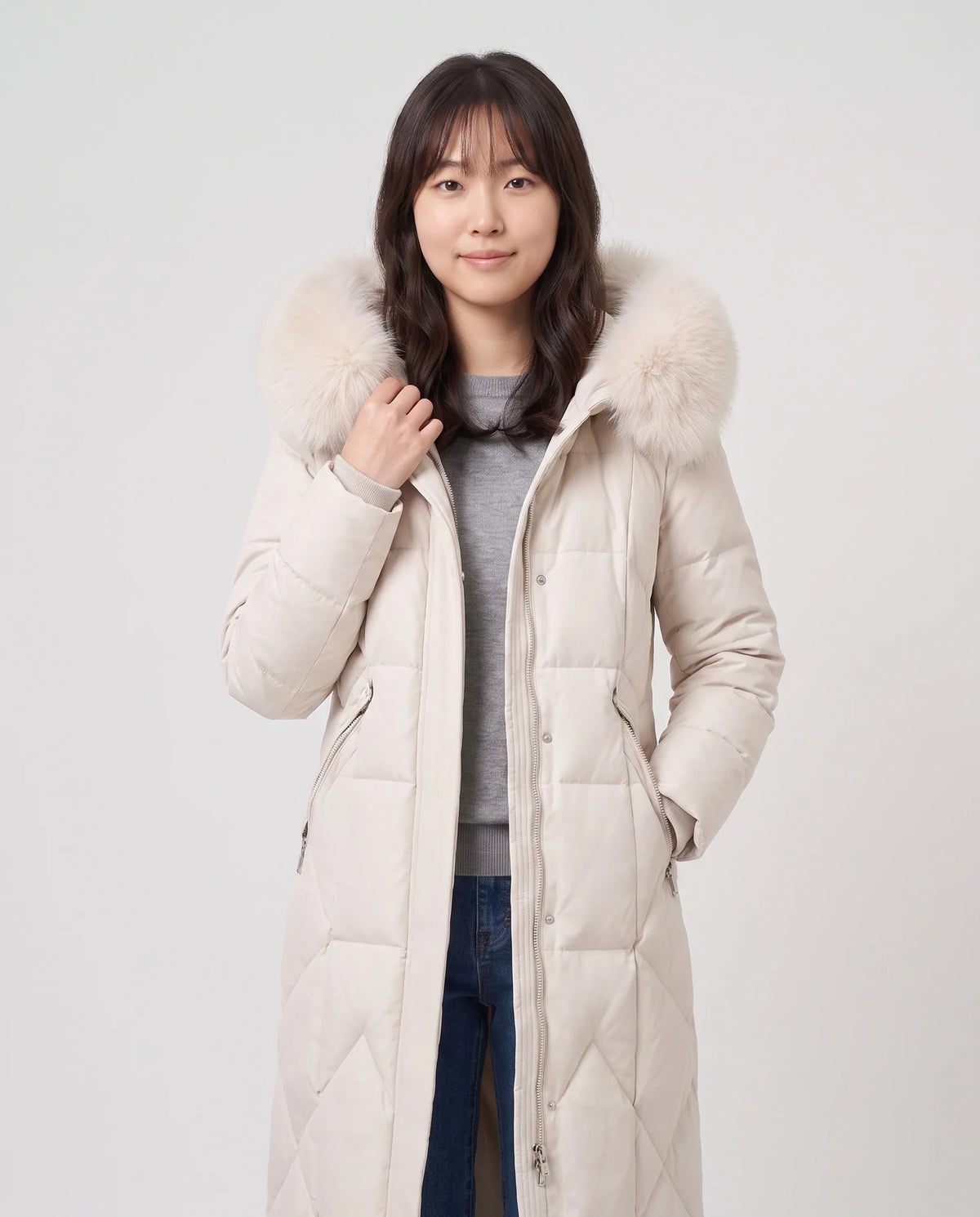 Parka longue cintrée à capuche fourrure
