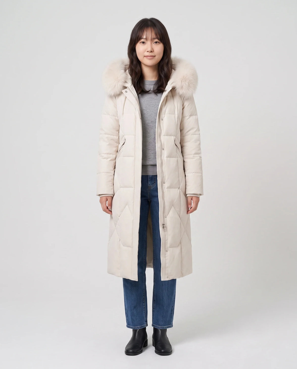 Parka longue cintrée à capuche fourrure