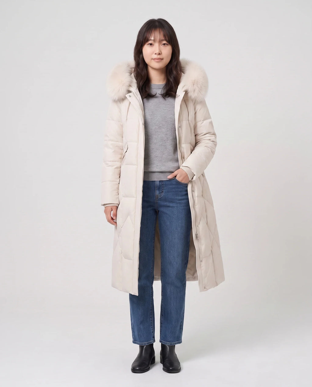 Parka longue cintrée à capuche fourrure