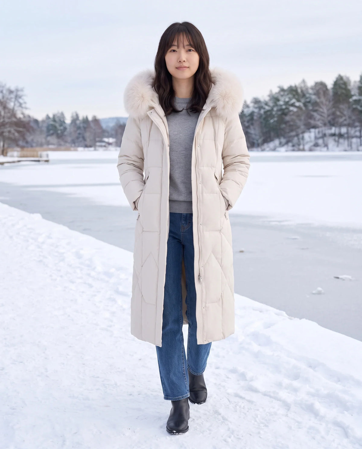 Parka longue cintrée à capuche fourrure