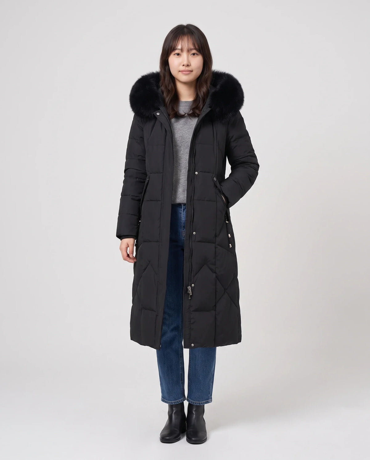 Parka longue cintrée à capuche fourrure