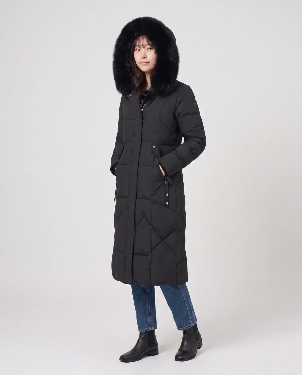 Parka longue cintrée à capuche fourrure