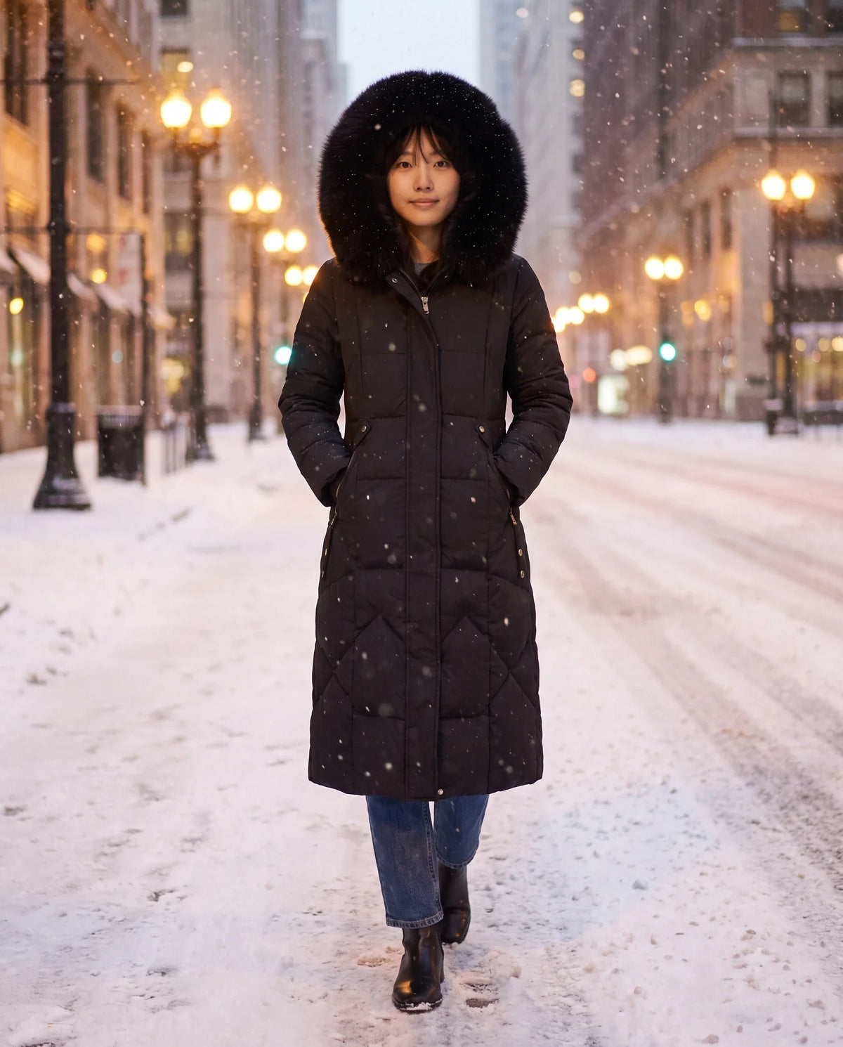 Parka longue cintrée à capuche fourrure