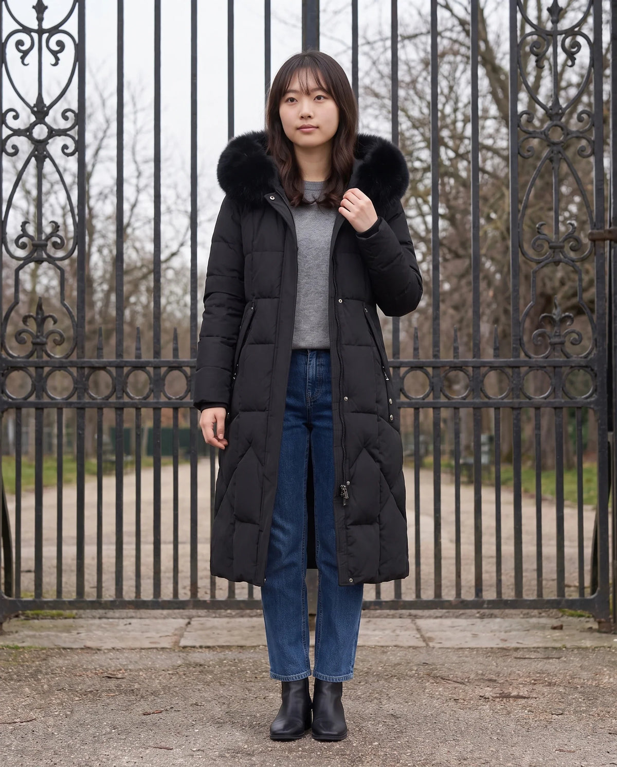 Parka longue cintrée à capuche fourrure