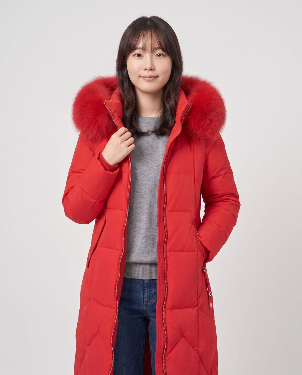 Parka longue cintrée à capuche fourrure