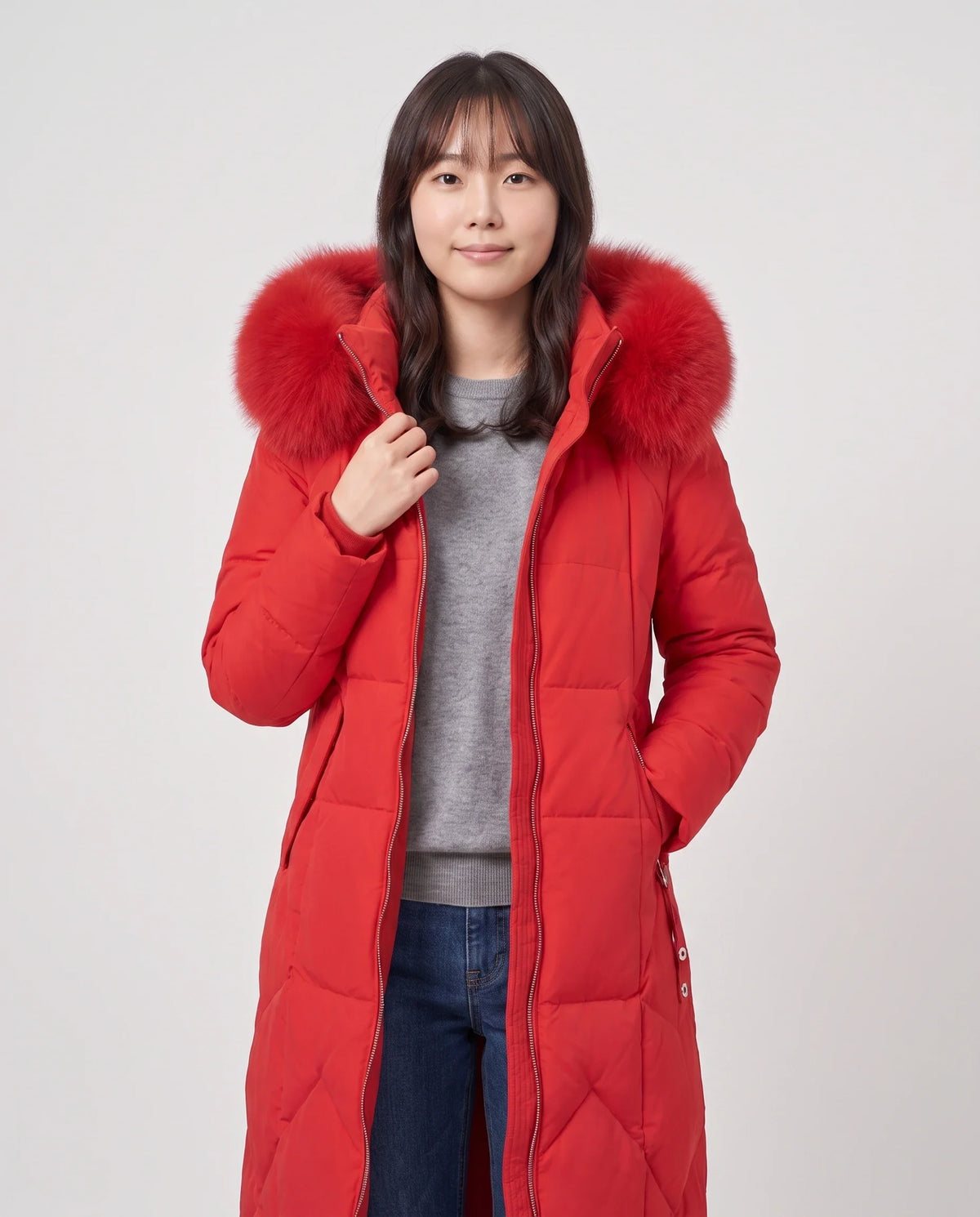 Parka longue cintrée à capuche fourrure