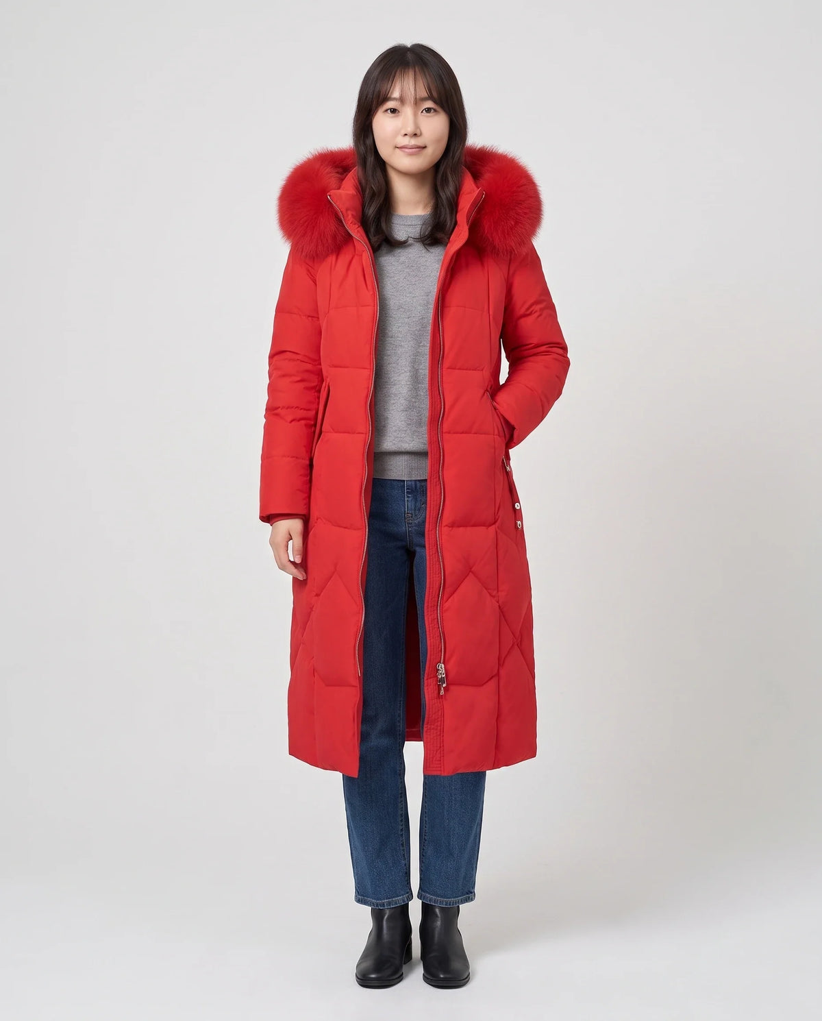 Parka longue cintrée à capuche fourrure