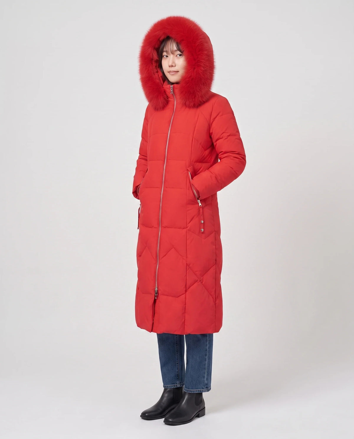 Parka longue cintrée à capuche fourrure