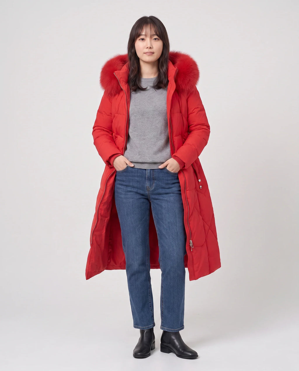 Parka longue cintrée à capuche fourrure