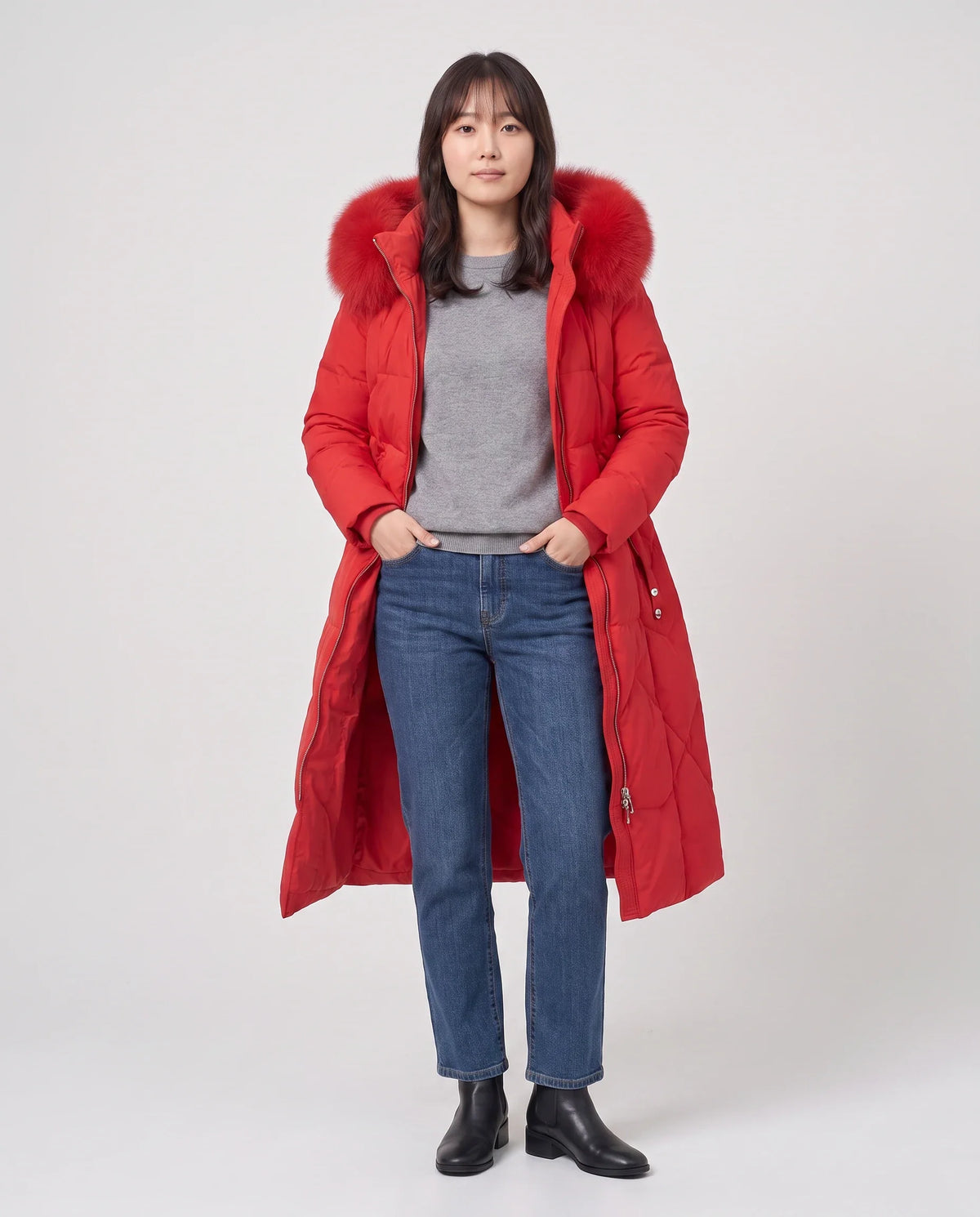 Parka longue cintrée à capuche fourrure
