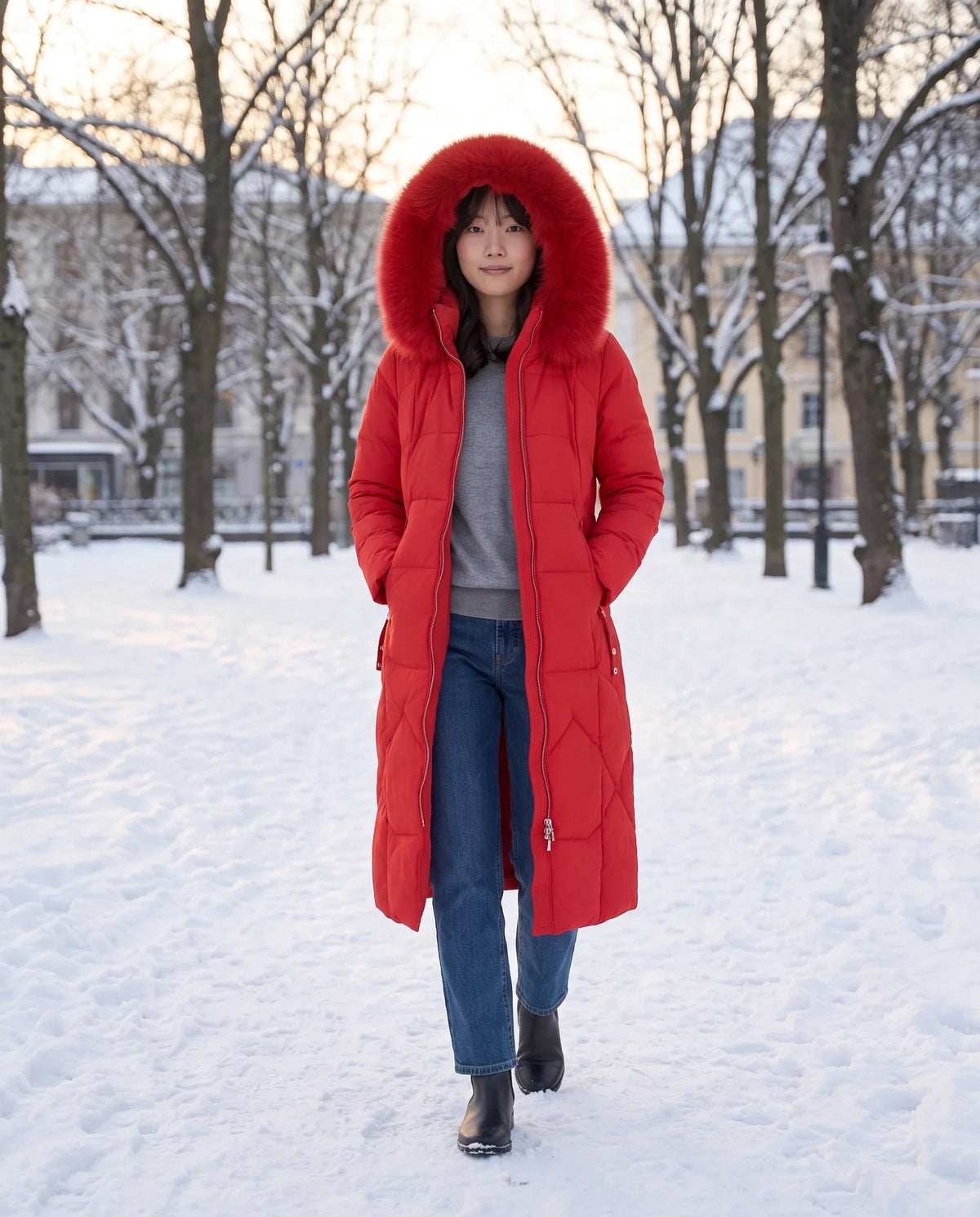 Parka longue cintrée à capuche fourrure