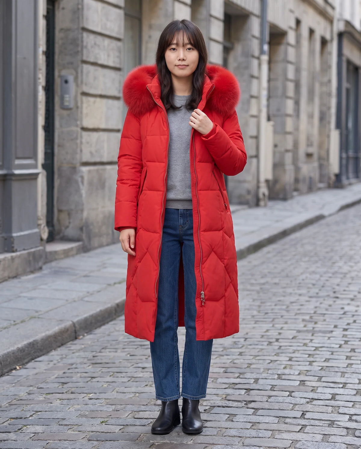 Parka longue cintrée à capuche fourrure