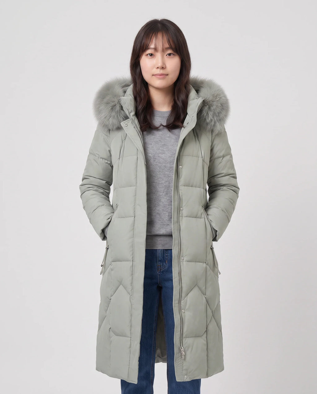 Parka longue cintrée à capuche fourrure