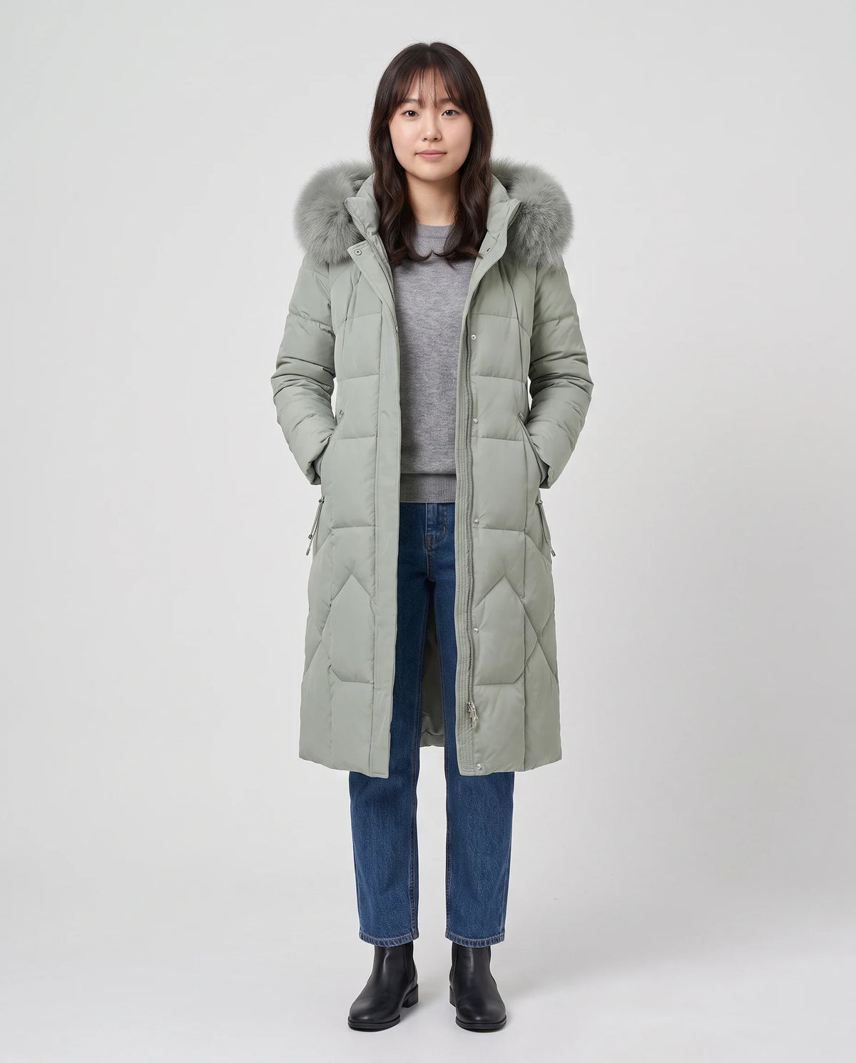 Parka longue cintrée à capuche fourrure