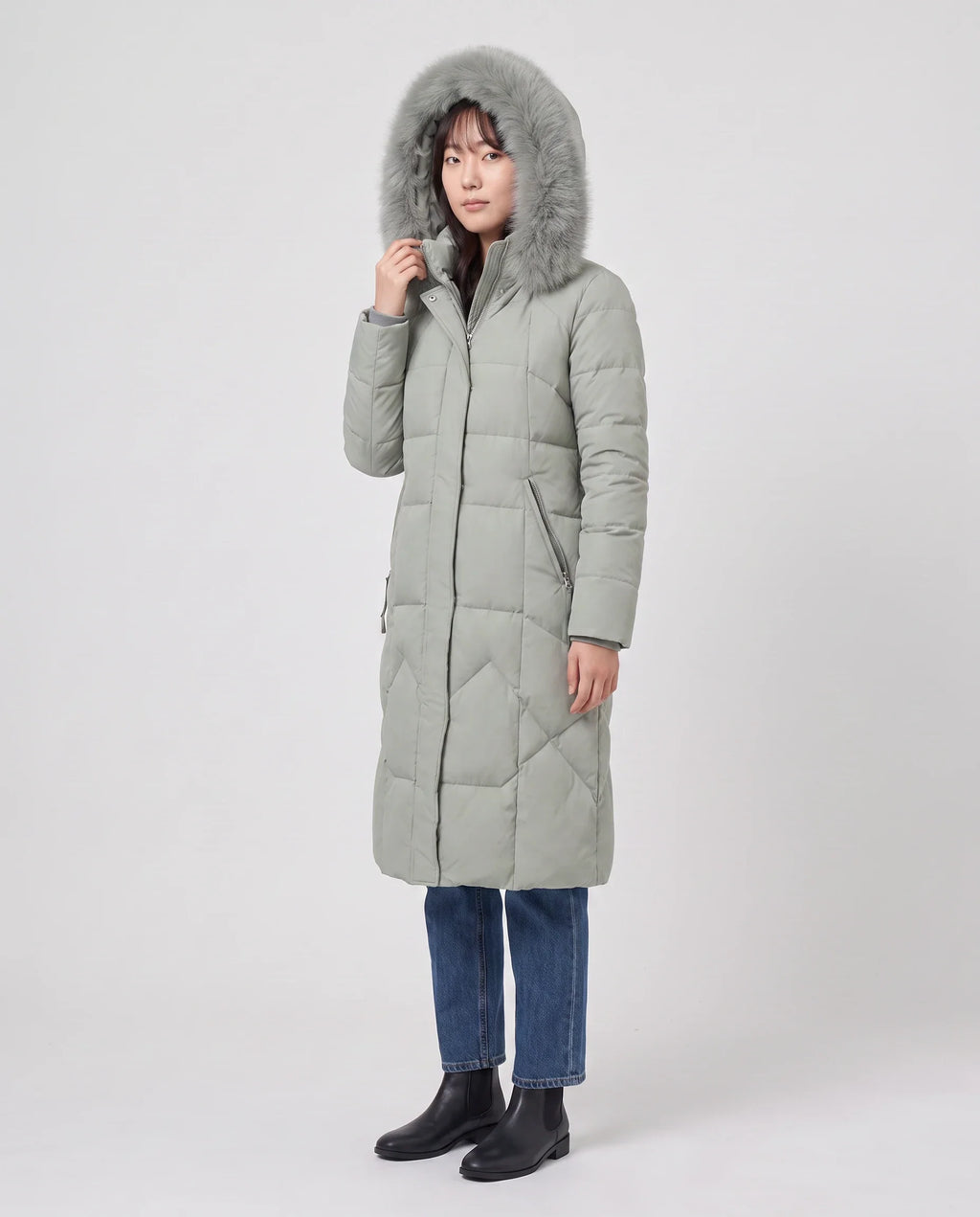 Parka longue cintrée à capuche fourrure
