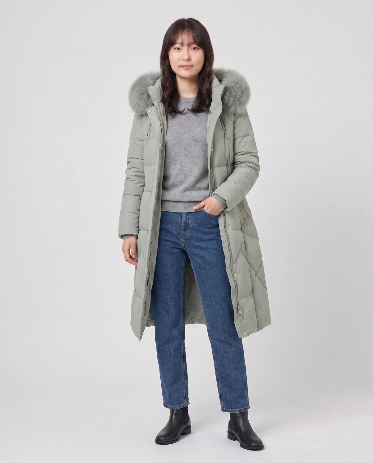 Parka longue cintrée à capuche fourrure