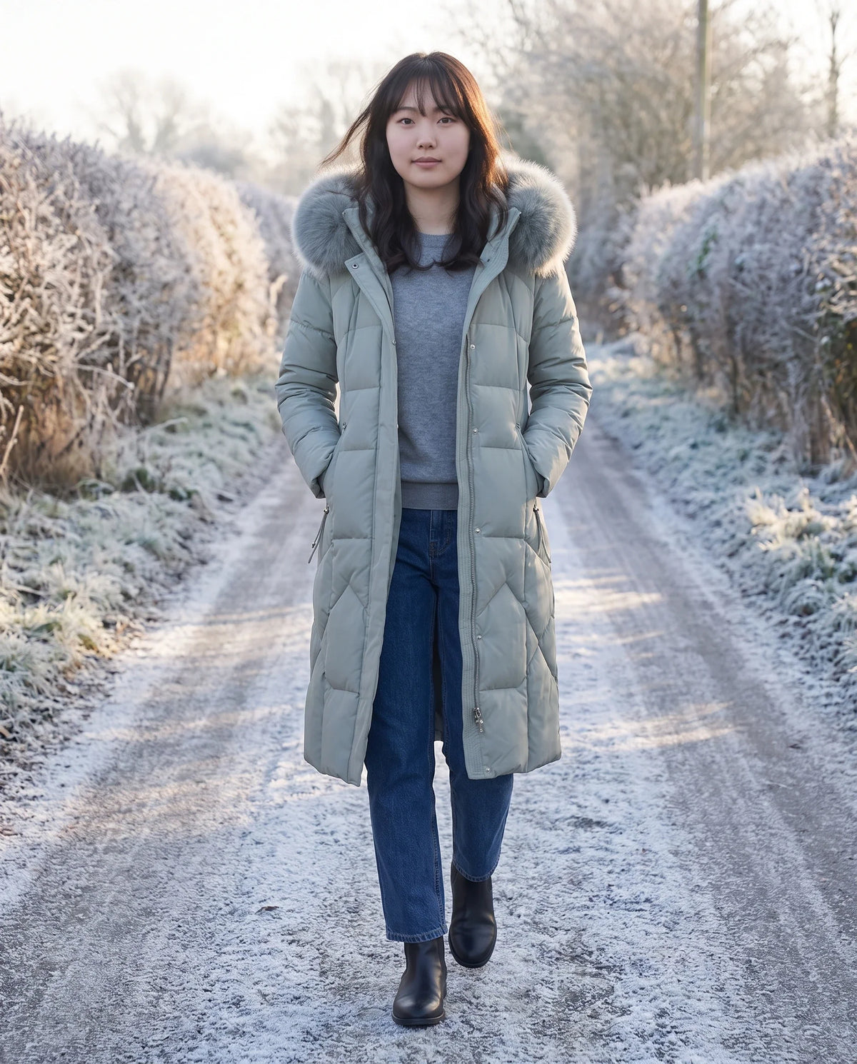 Parka longue cintrée à capuche fourrure