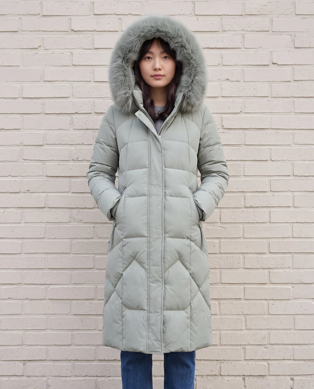Parka longue cintrée à capuche fourrure