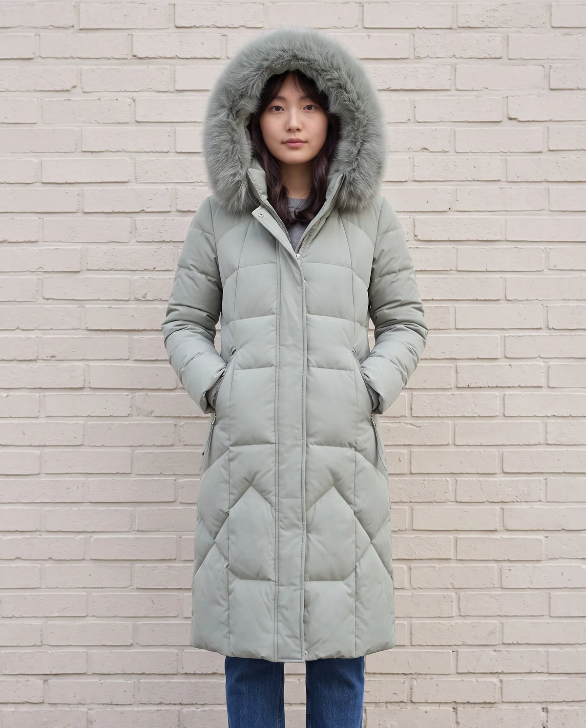 Parka longue cintrée à capuche fourrure