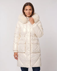 Parka mi-longue brillante à capuche fourrure