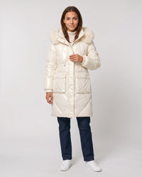 Parka mi-longue brillante à capuche fourrure