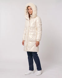 Parka mi-longue brillante à capuche fourrure