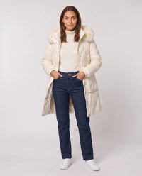 Parka mi-longue brillante à capuche fourrure