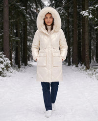 Parka mi-longue brillante à capuche fourrure