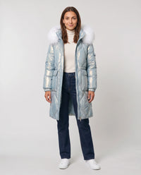 Parka mi-longue brillante à capuche fourrure