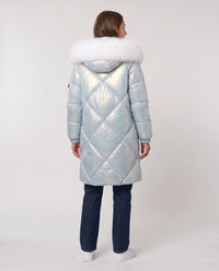 Parka mi-longue brillante à capuche fourrure