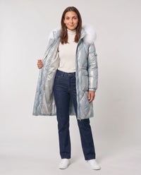 Parka mi-longue brillante à capuche fourrure