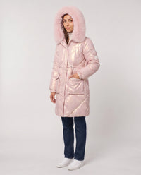 Parka mi-longue brillante à capuche fourrure