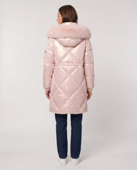 Parka mi-longue brillante à capuche fourrure