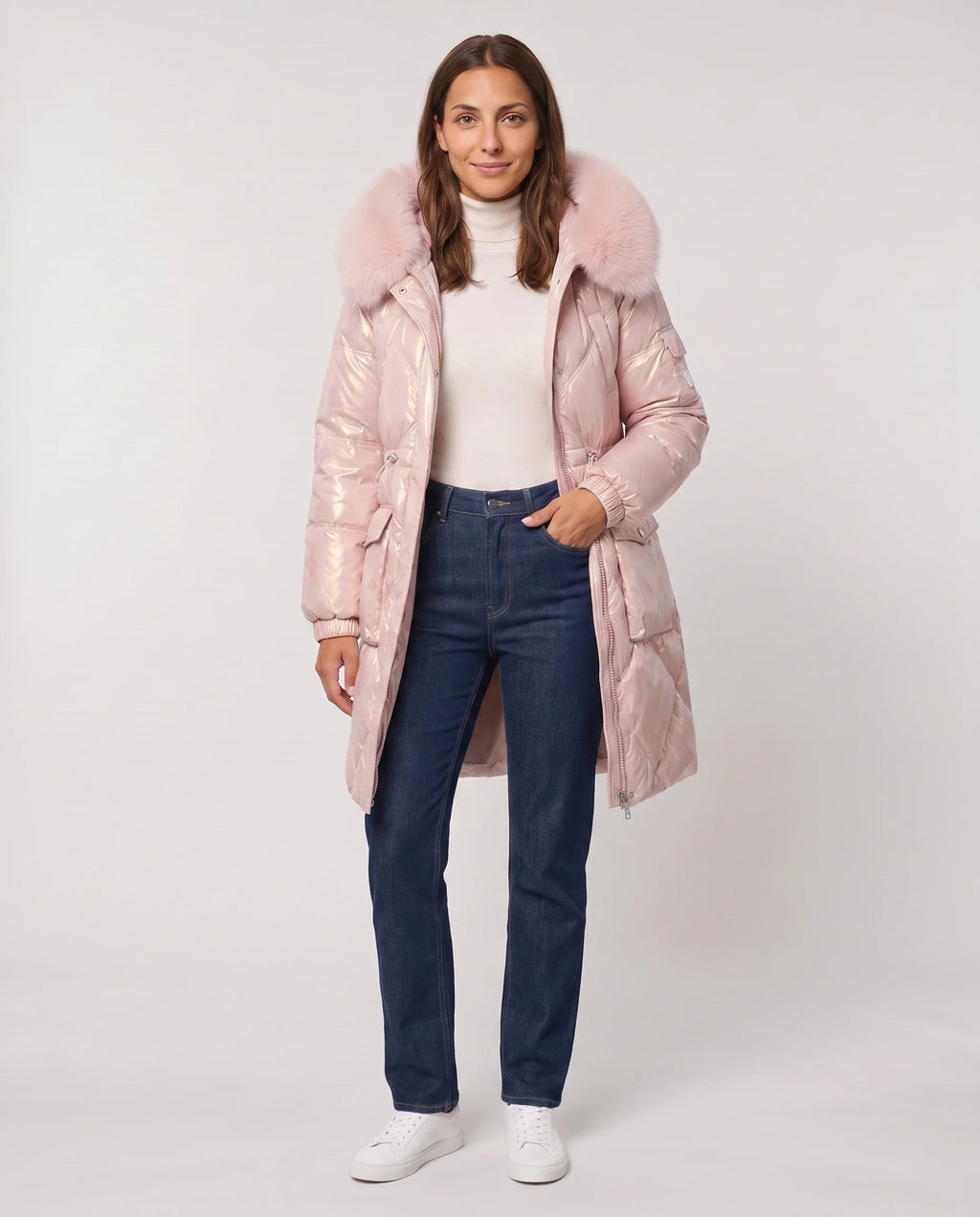 Parka mi-longue brillante à capuche fourrure