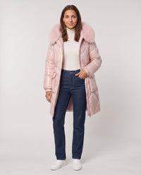 Parka mi-longue brillante à capuche fourrure