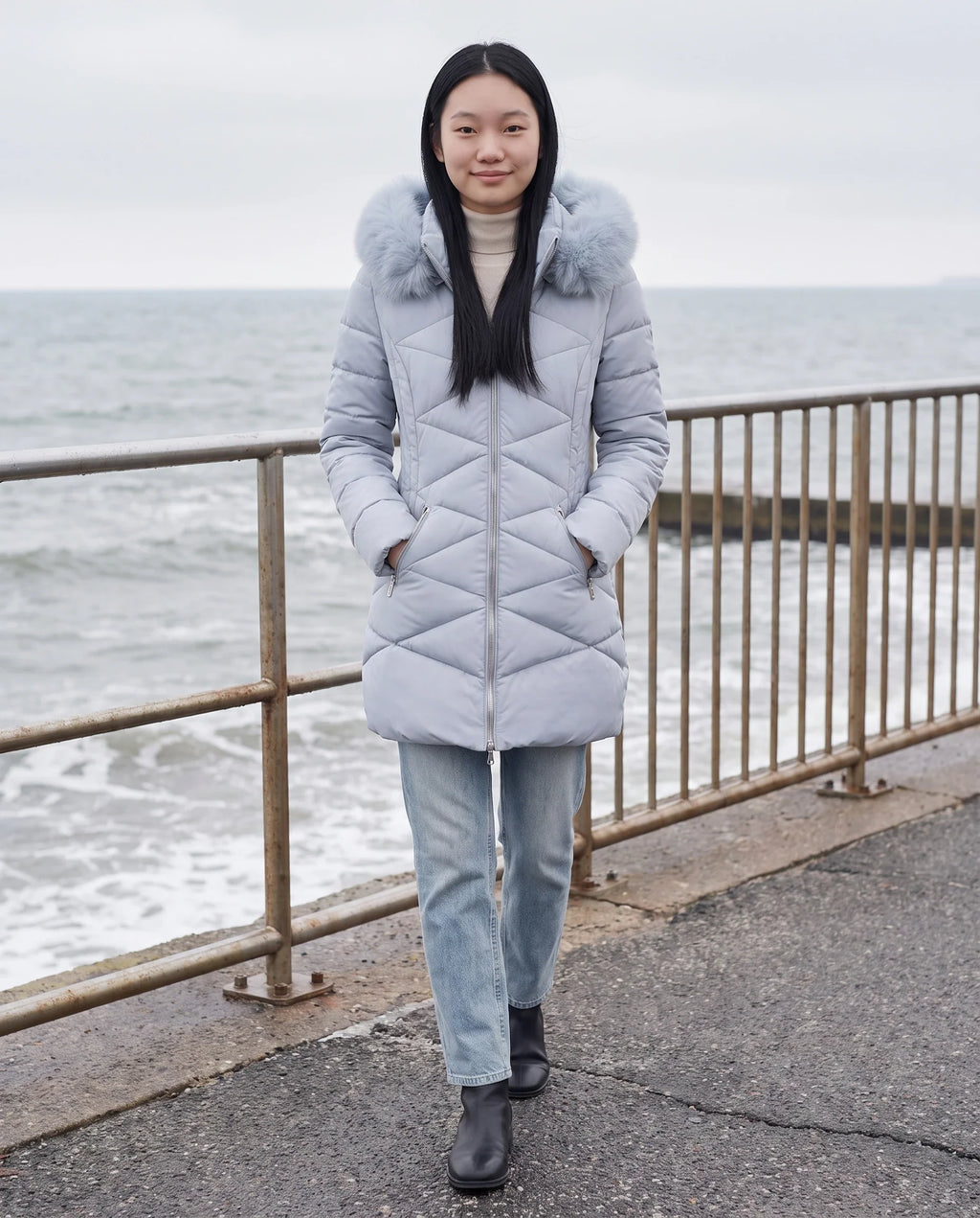 Parka mi-longue cintrée à capuche fourrure