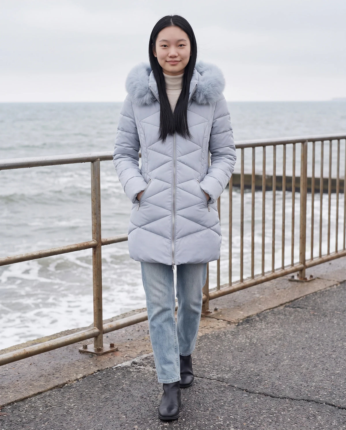 Parka mi-longue cintrée à capuche fourrure