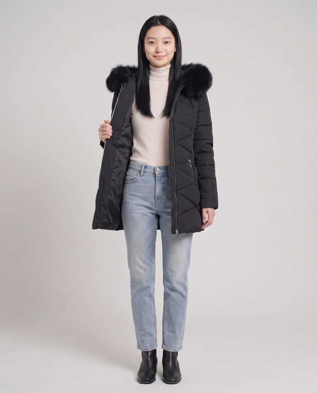 Parka mi-longue cintrée à capuche fourrure